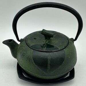 Vintage Japanese Cast Iron Mini Tea Kettle Unmarked Green With Leaf Design 5"
